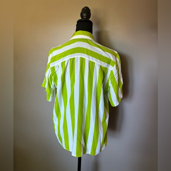 PIERRE CARDIN 80s rayon lime green white striped vacation button down shirt sz 8 - Picture 9 of 13